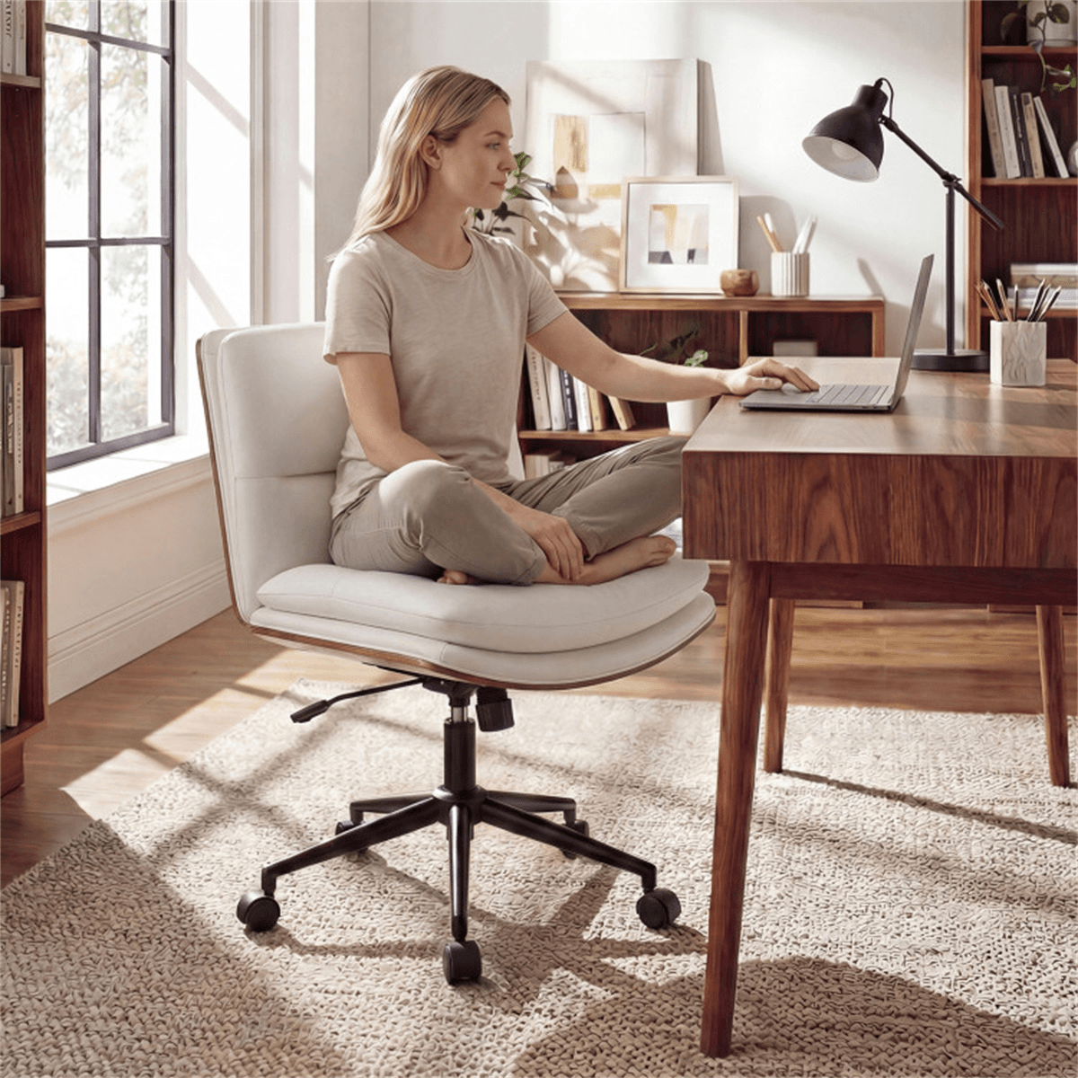 image-White Armless Office Chair , Curved Backrest & Wide Seat, 360° Swivel & Rocking Function