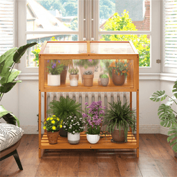 image-2-in-1 Fir Wood Greenhouse with Adjustable Roof & Shelf - Orange