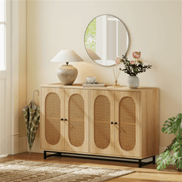 image-Natural PE Rattan Large Buffet Sideboard (50"), 4-Door Design with Removable Adjustable Shelves