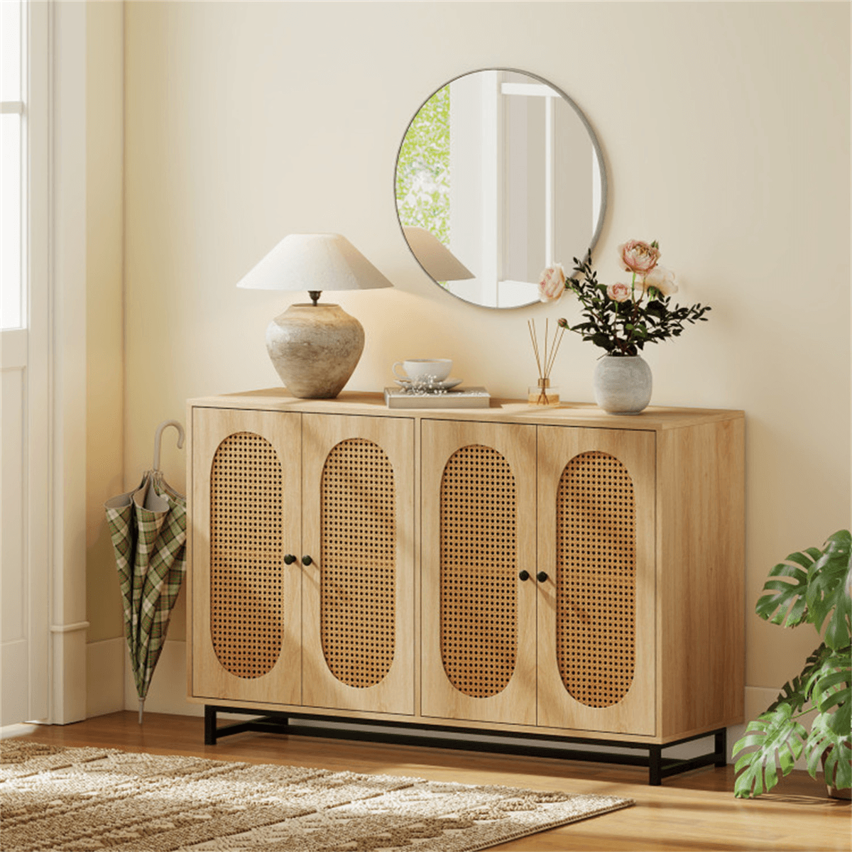 image-Natural PE Rattan Large Buffet Sideboard (50"), 4-Door Design with Removable Adjustable Shelves