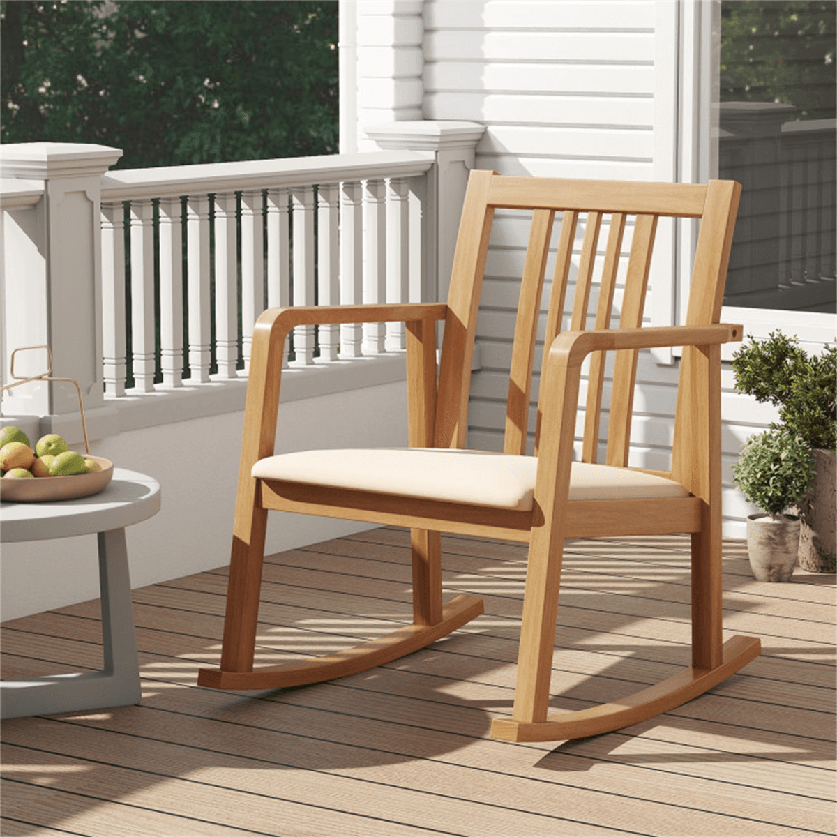 image-Rubber Wood Rocking Chair - Natural Linen 400 lbs