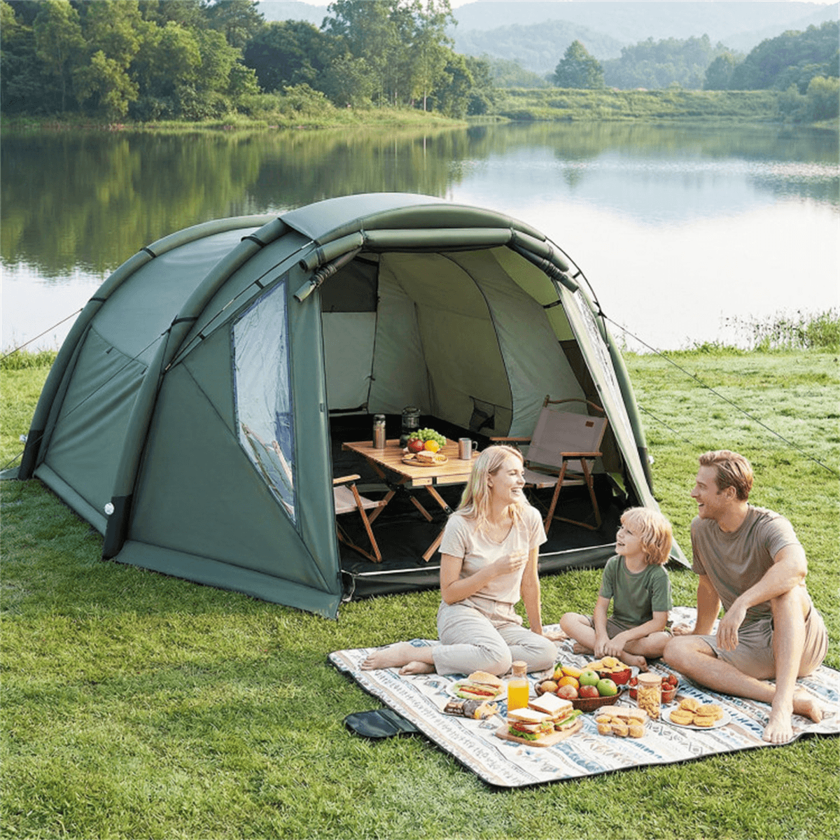 image-5-7 Person Inflatable Cabin Tent Green Screened Porch