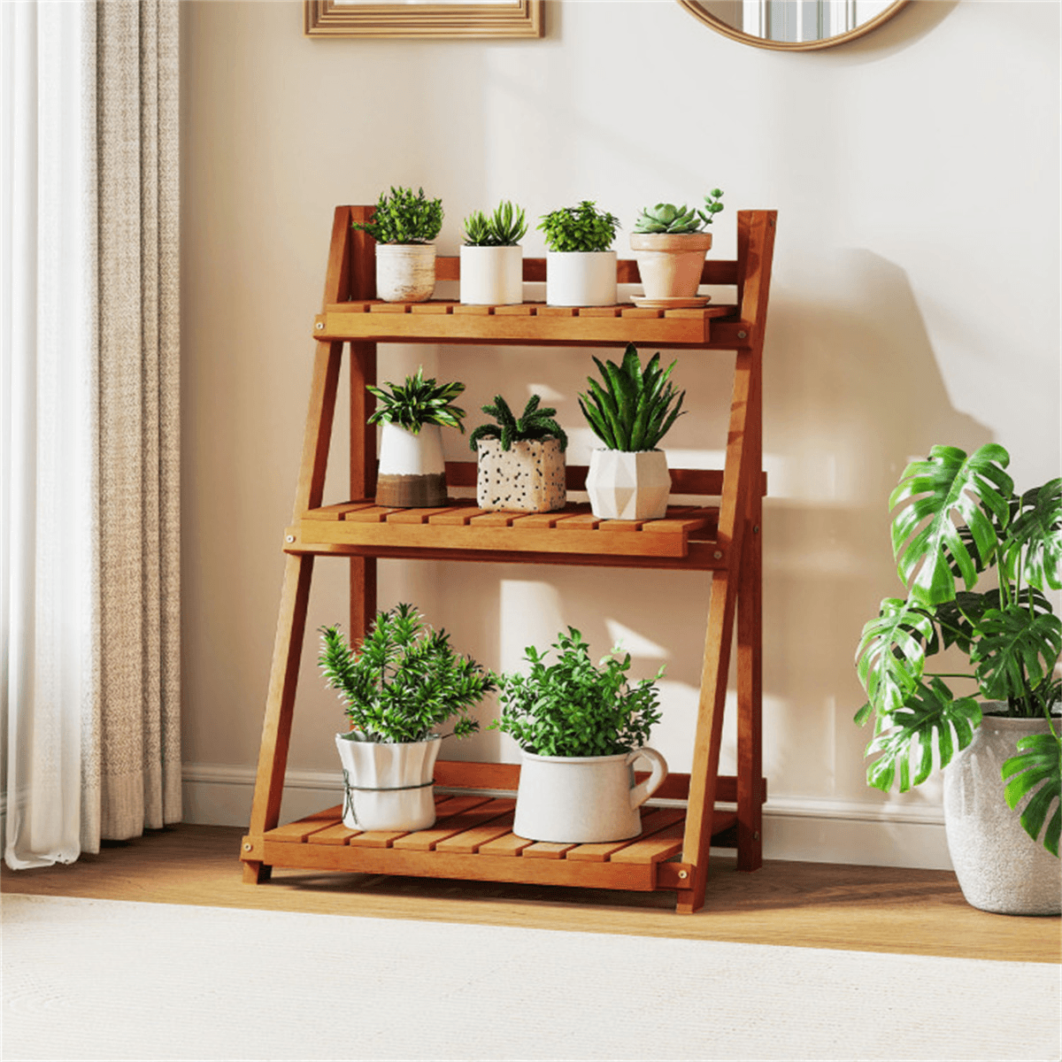 image-Acacia Wood 3-Tier Ladder Plant Stand - Foldable 24"