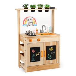 image-Kids Outdoor Mud Kitchen Playset, Fir Wood, Sink/Stove, Utensils & Chalkboard