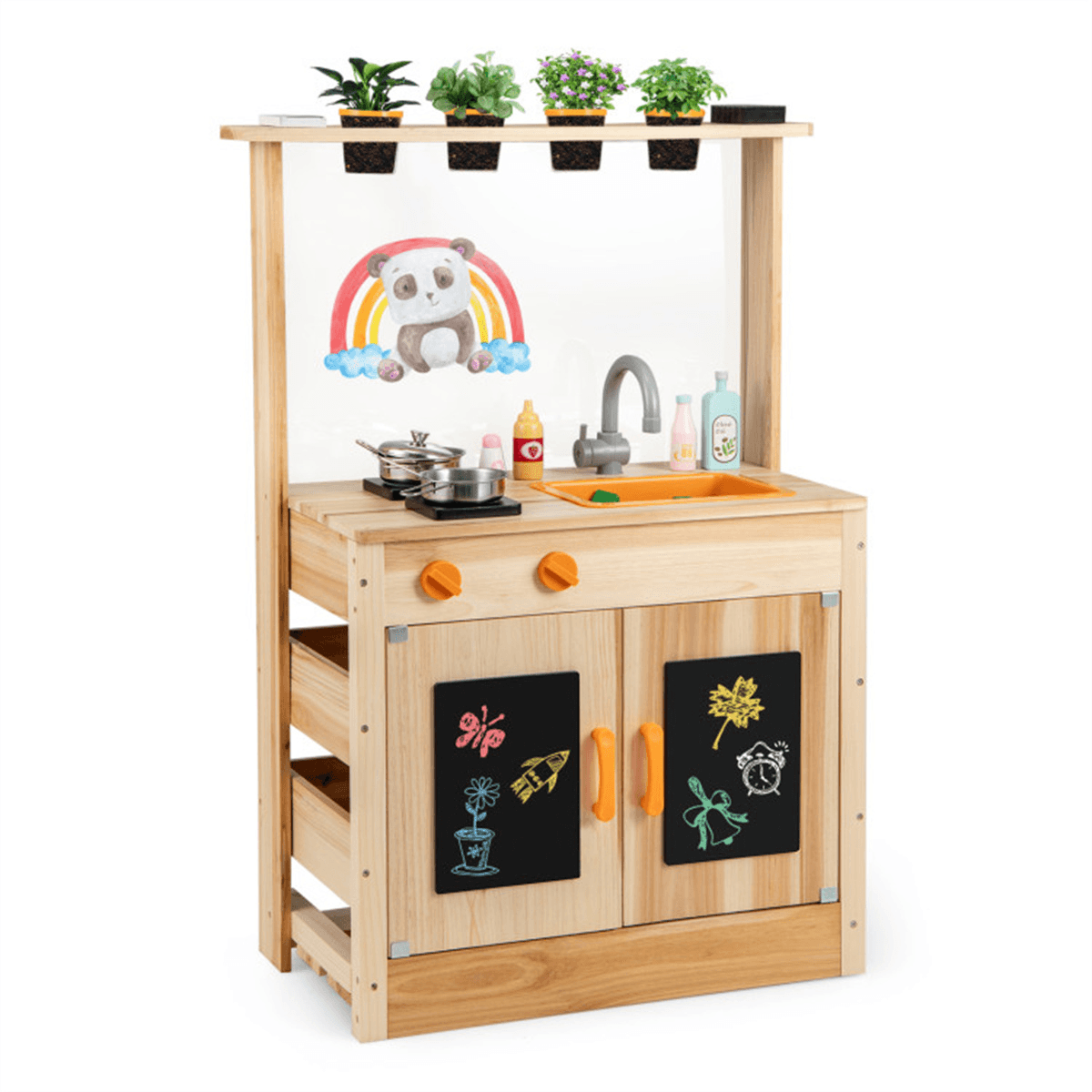 image-Kids Outdoor Mud Kitchen Playset, Fir Wood, Sink/Stove, Utensils & Chalkboard
