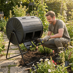 image-Dual Chamber Compost Tumbler 37.5Gal Black Rotating Bin with Blades