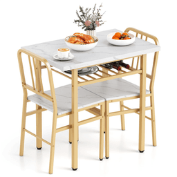 image-3-Piece Dining Table Set (White + Gold), Space-Saving Tuck-under Chair Design