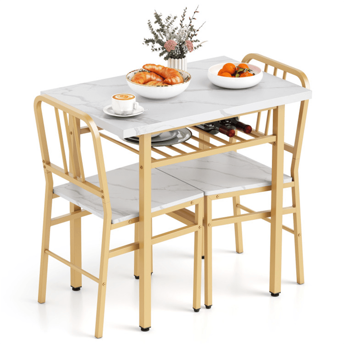 image-3-Piece Dining Table Set (White + Gold), Space-Saving Tuck-under Chair Design