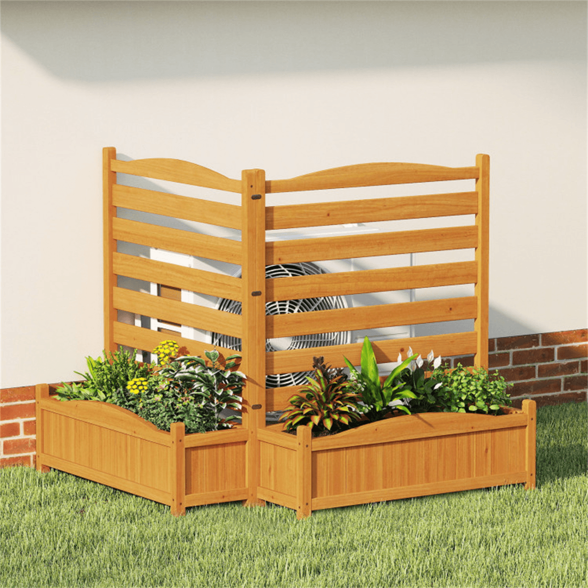 image-2-Panel Fir Wood Privacy Fence with Planter Boxes, AC/Trash Can Screen Yellow