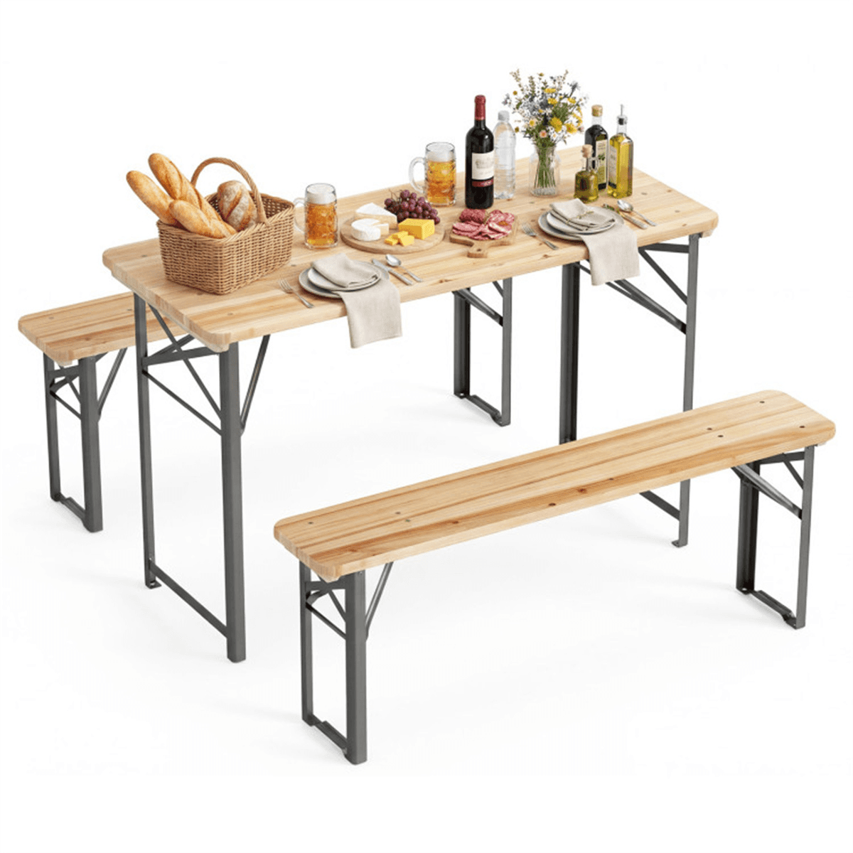 image-Foldable Picnic Table 47" with 2 Benches, Fir Wood Outdoor Dining Set, Metal Frame Patio Garden