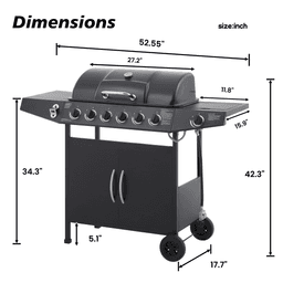 image-6-Burner Stainless BBQ Grill, 59000 BTU, Side Burner, Propane, Enamel-Coated, 60" Tall