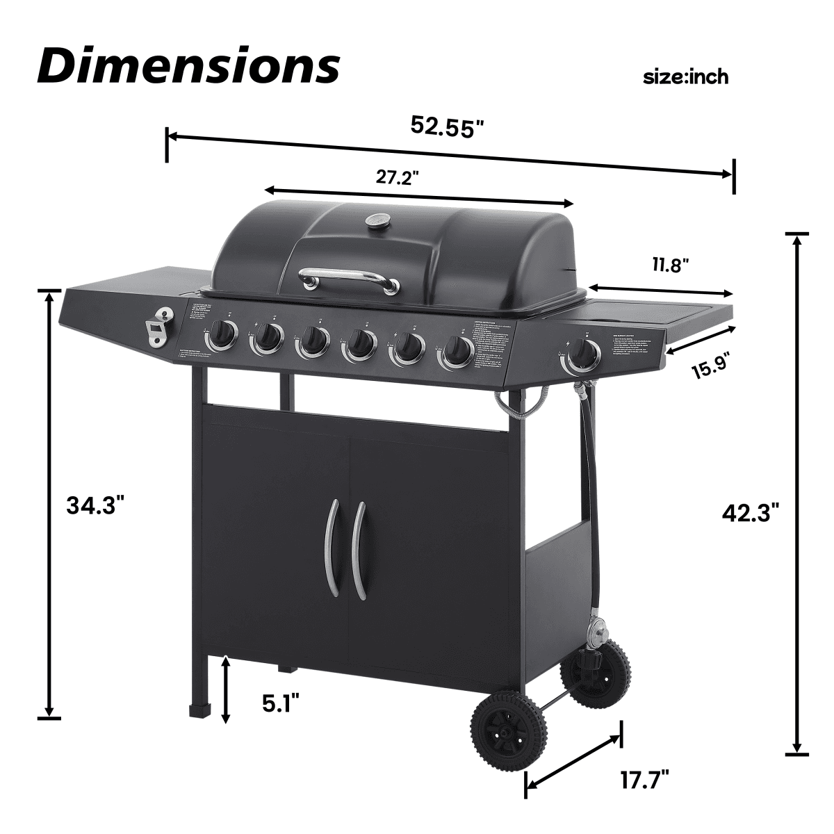 image-6-Burner Stainless BBQ Grill, 59000 BTU, Side Burner, Propane, Enamel-Coated, 60" Tall