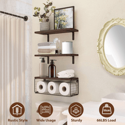 image-2-in-1 Floating Shelves - Rustic Paulownia Wood, 3-Tier with Storage Basket, 66lbs Capacity