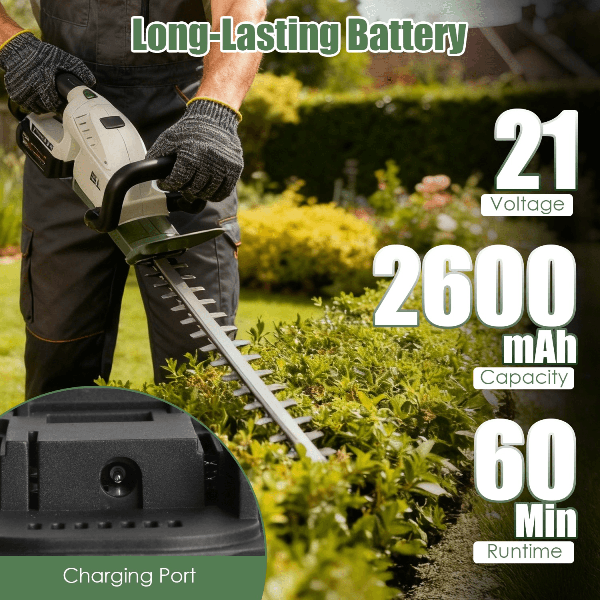 image-Cordless Hedge Trimmer, 20000 RPM, 2600mAh, Dual-Action Steel Blade, Safety Goggles