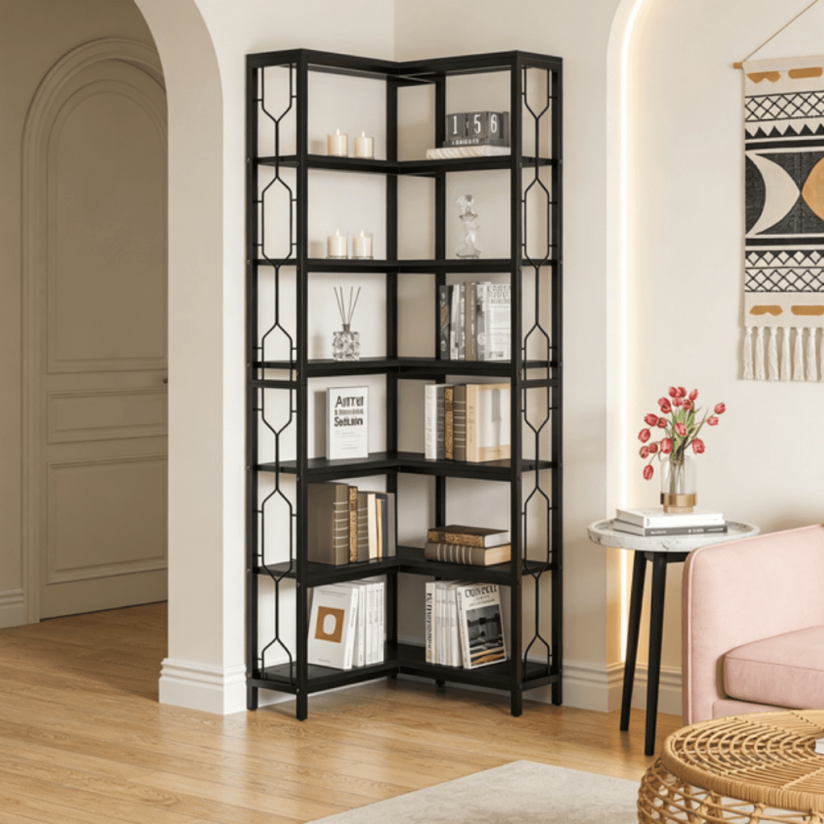image-Tall 7-Tier Hexagonal Corner Bookshelf - Space-Saving Storage