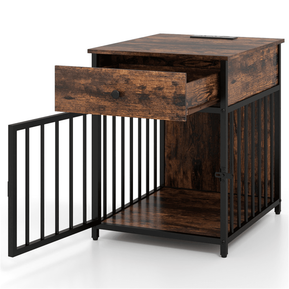 image-Multi-Functional Dog Crate End Table - Black+Brown, Charging Station, 25 lbs Small Dogs