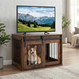image-Dog Crate Furniture 31.5" - Rustic Brown Wooden Kennel End Table