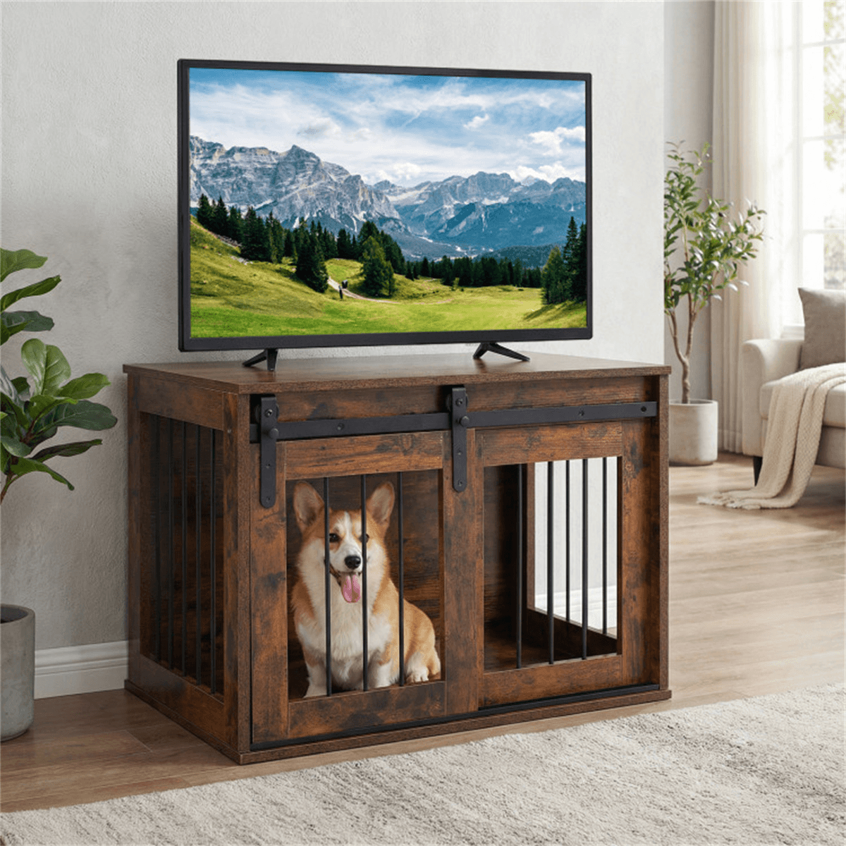 image-Dog Crate Furniture 31.5" - Rustic Brown Wooden Kennel End Table