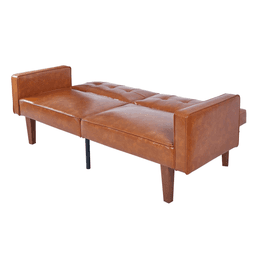 image-Modern PU Leather Futon Sofa with Tufted Backrest, Adjustable Reclining Couch with Wood & Metal Legs, Mid-Century Style Sofa for Living Room