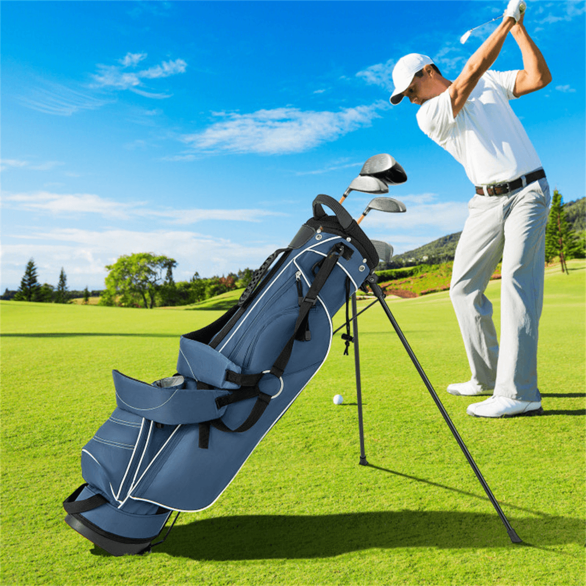 image-Lightweight Blue Golf Stand Bag, 3-Way Dividers, Polyester, 4 Zipper Pockets
