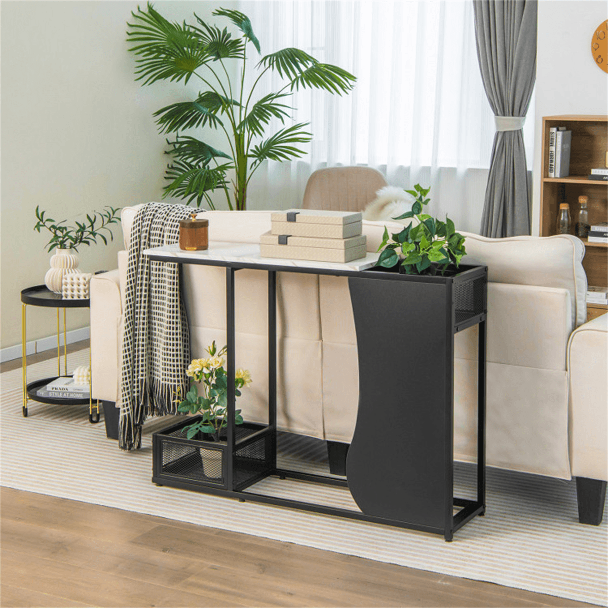 image-Console Table 43.5" Waterproof - White & Black Metal Frame