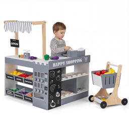 image-Kids Supermarket Playset with Vending Machine, 35.5"x31"x41", Gray Wooden