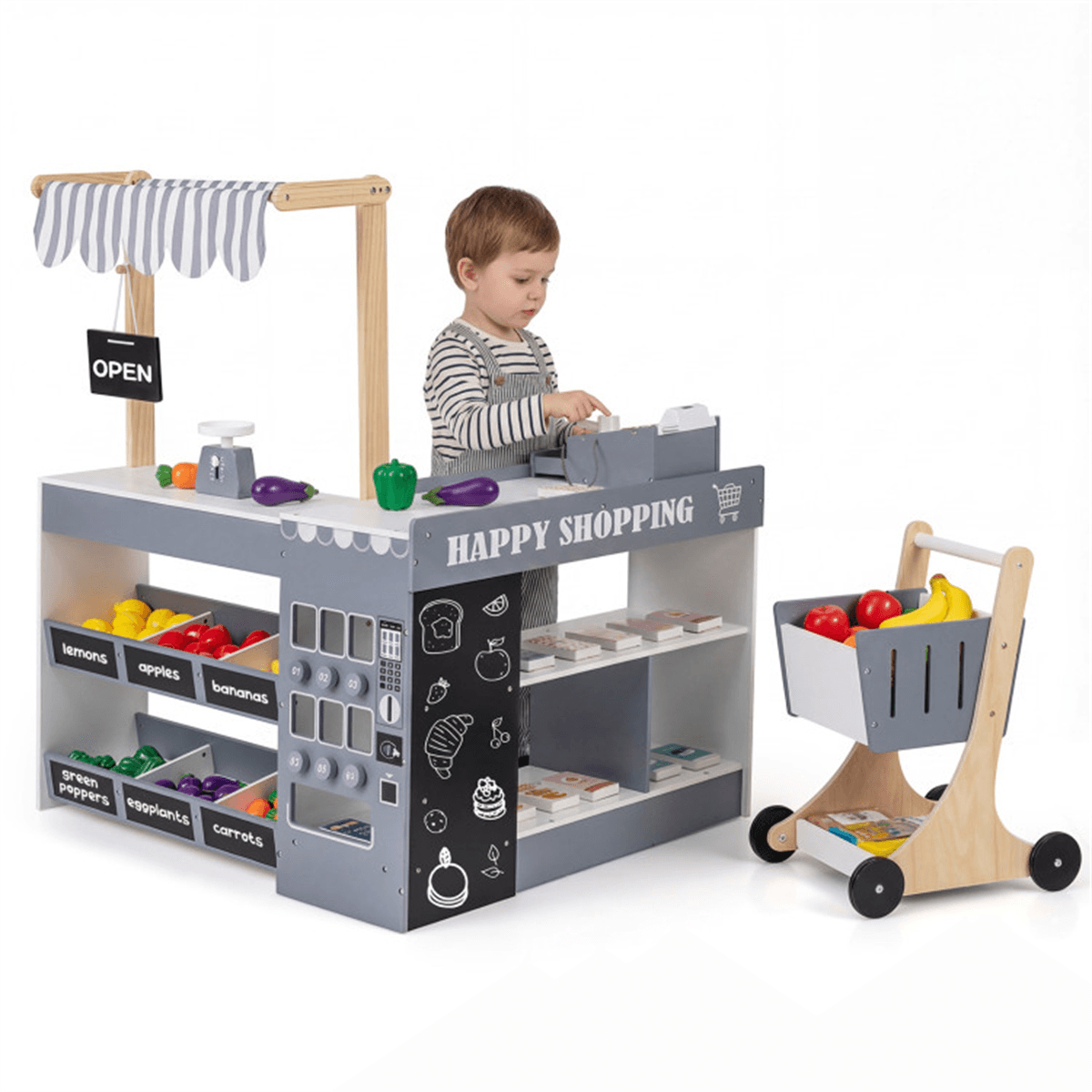 image-Kids Supermarket Playset with Vending Machine, 35.5"x31"x41", Gray Wooden