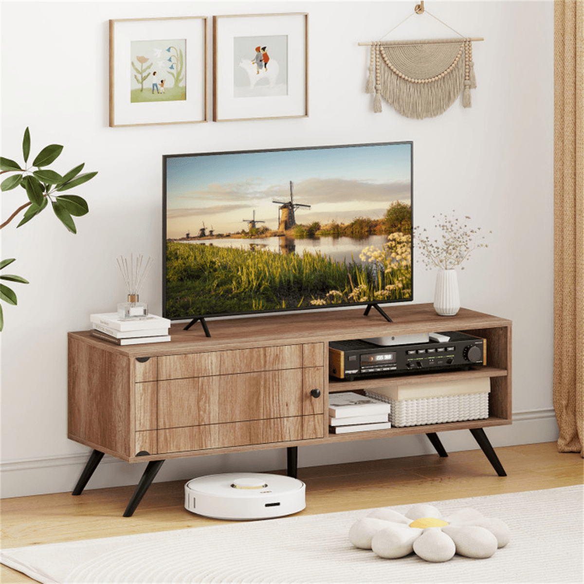 image-Mid-Century Oak TV Stand for 55" TVs, 210 lbs Storage Cabinet with Cable Management