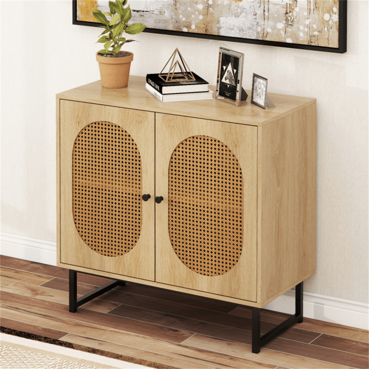 image-Natural PE Rattan Buffet Cabinet with 3-Level Adjustable Shelf, Boho Style & Soft-Close Hinges