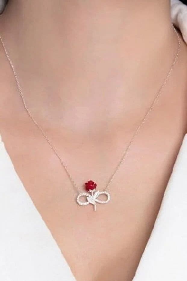 image-925 Sterling Silver Red Rose Infinity Necklace with White Stone
