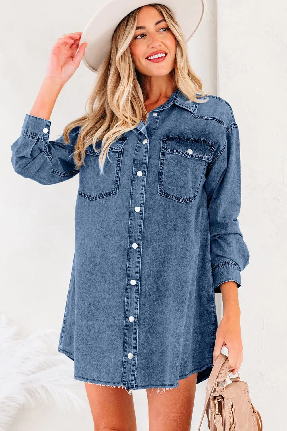 image-Blue Denim Shirt Dress Chest Pocket Raw Hem Loose