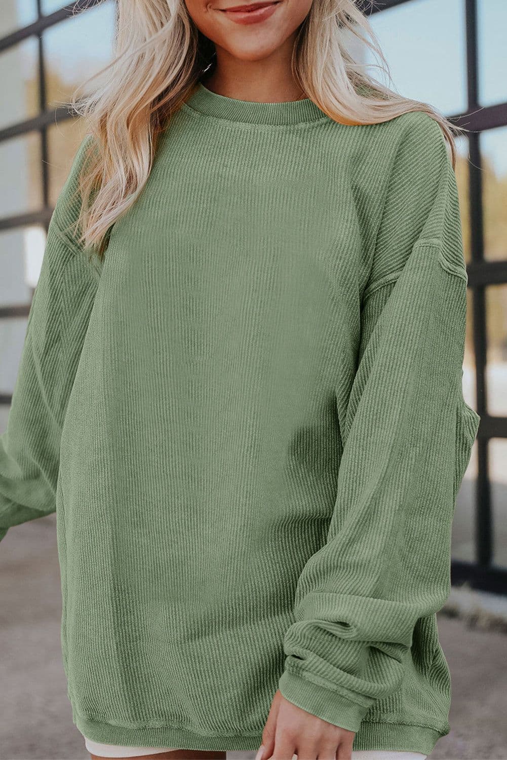 image-Strawberry Pink Ribbed Corded Oversized Sweatshirt