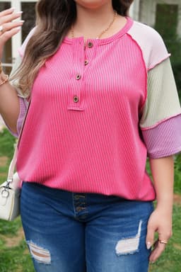 image-Plus Size Twisted Rib Color Block Henley Top - Bright Pink
