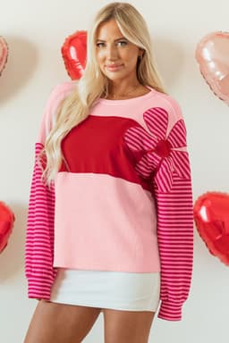 image-Floral Patch Textured Top - Striped Sleeves, Pink, Sizes S-XL