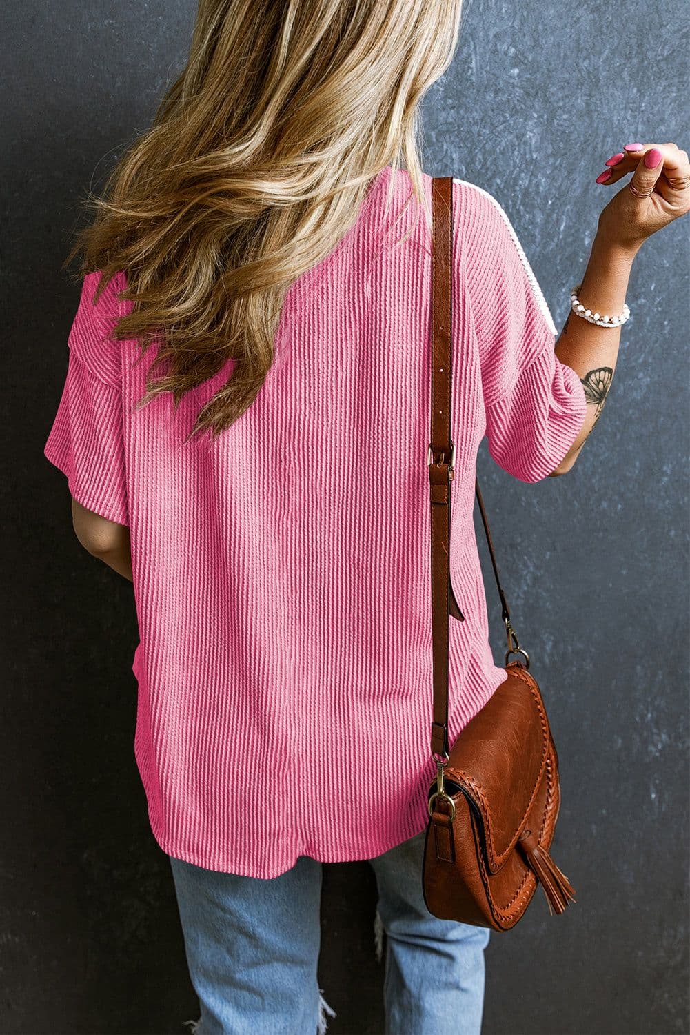 image-Rose Red Color Block Patch Pocket Tee - V Neck Casual Shirt