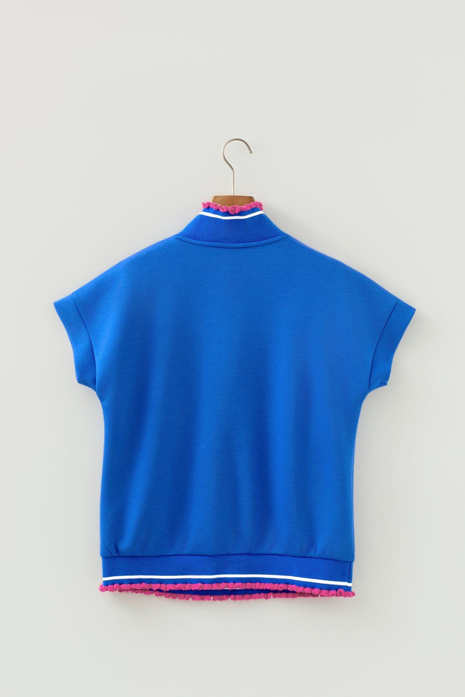 image-Sky Blue Knit Top - Frilled Trim Button Collar