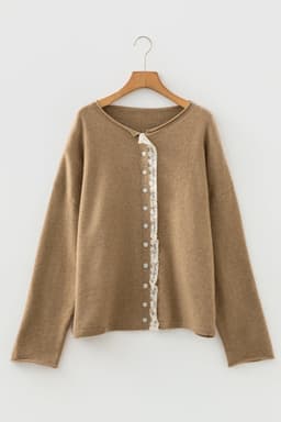 image-Simply Taupe Cardigan Sweater - Lace Trim Loose Fit