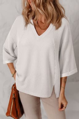 image-White 3/4 Sleeve V-Neck Drop Shoulder Top - Casual Solid Color (61 characters)