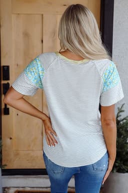 image-White Stripe Floral Insert Sleeves Contrast Round Neck Tee