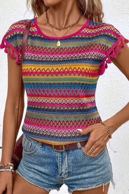 image-Rose Red Jacquard Tasseled Cap Sleeve Top - Luxurious Fabric
