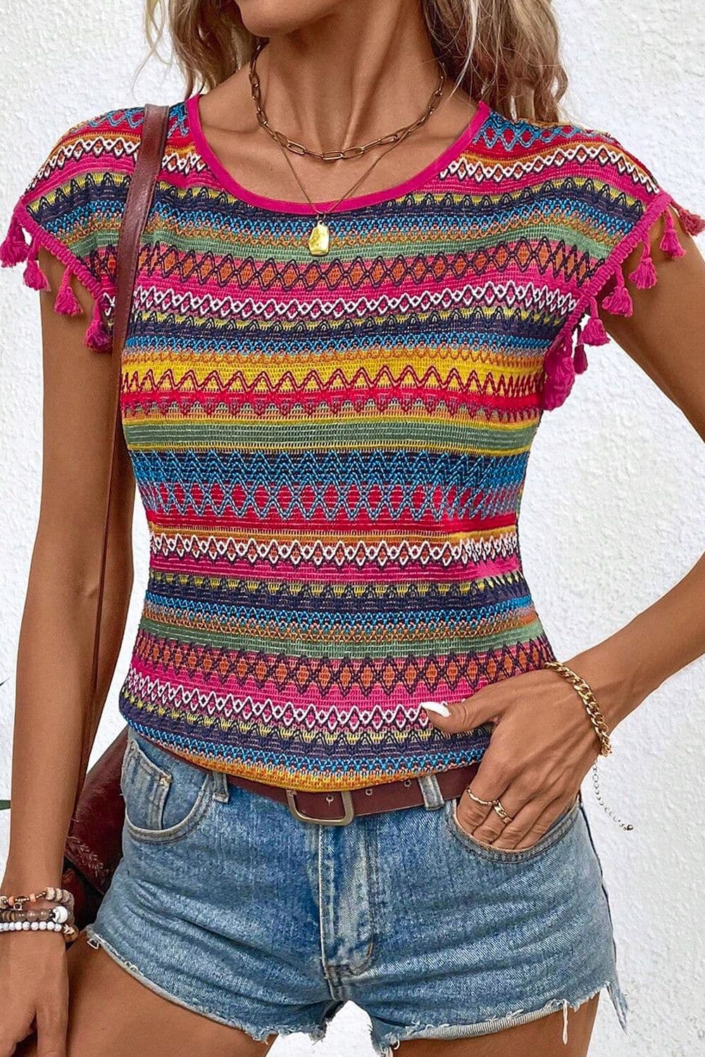 image-Rose Red Jacquard Tasseled Cap Sleeve Top - Luxurious Fabric