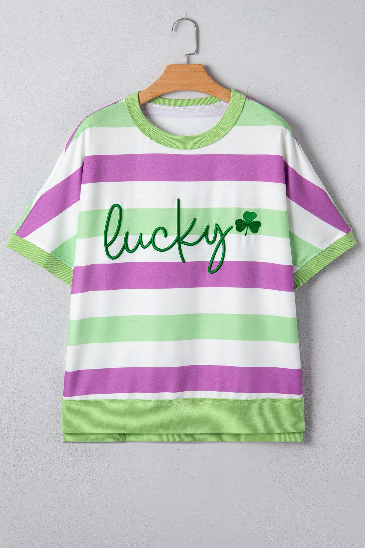 image-Green Stripe Lucky Clover Embroidered Graphic Dolman Loose Tee