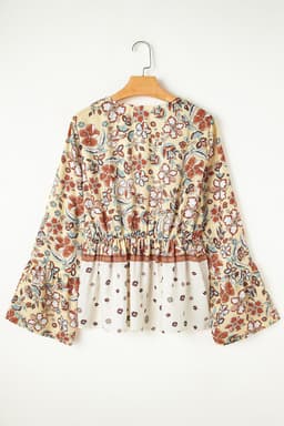 image-Yellow Floral Bell Sleeve Blouse With Peplum