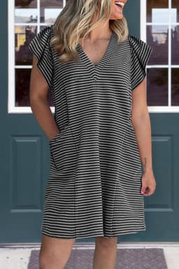 image-Black Stripe Textured Knit V Neck Flutter Sleeve Shift Mini Dress