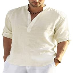 image-Men's Casual Cotton Linen Solid Color Long Sleeve Shirt Loose Stand Collar