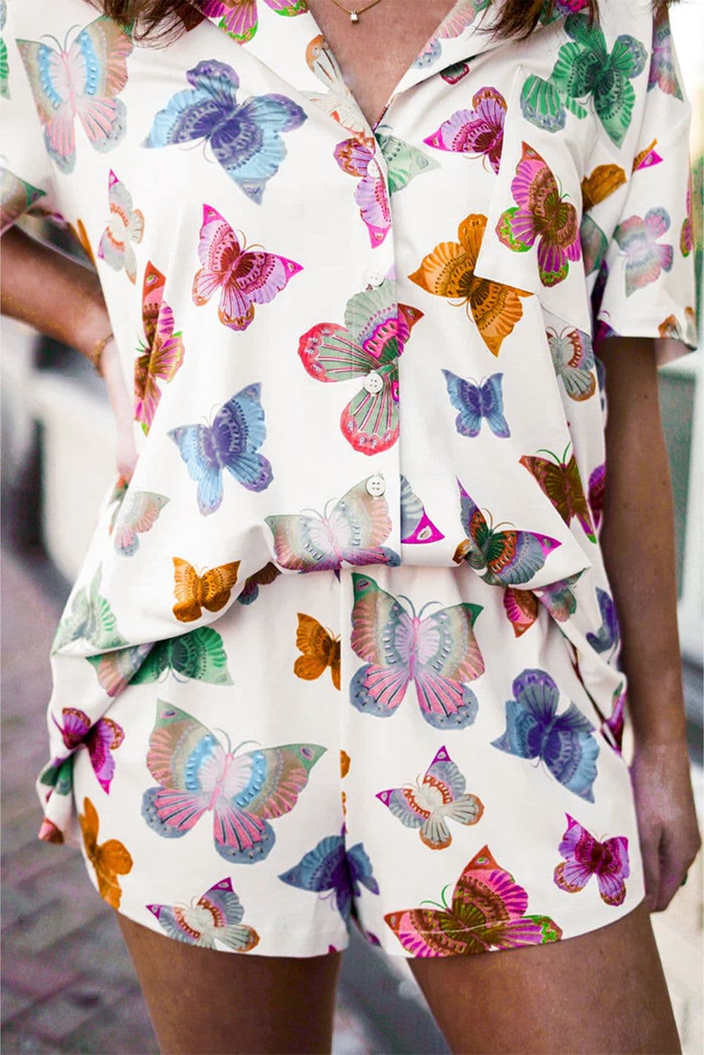 image-Multicolour Butterfly Pattern Short Sleeve Shirt Pajamas Set