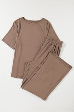 image-Solid Color T-Shirt & Wide Leg Pants Set - 2pcs - Comfortable Fabric