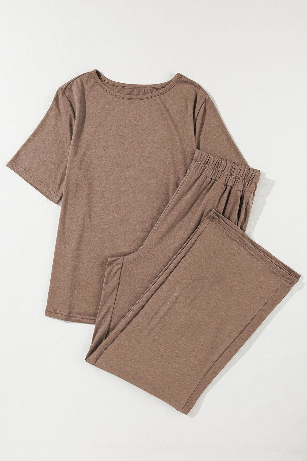 image-Solid Color T-Shirt & Wide Leg Pants Set - 2pcs - Comfortable Fabric