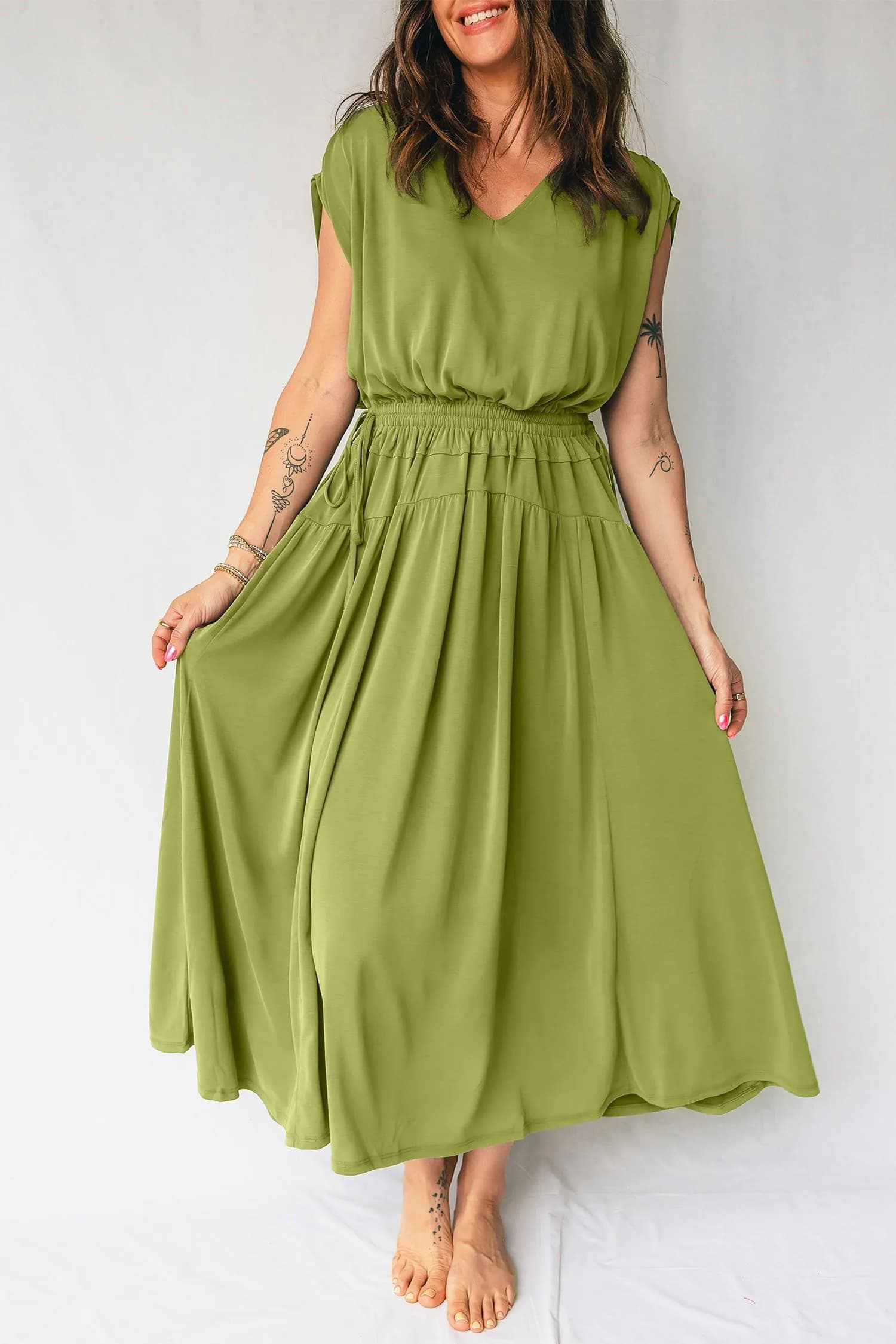 image-Fern Green V Neck Cap Sleeve Maxi Dress