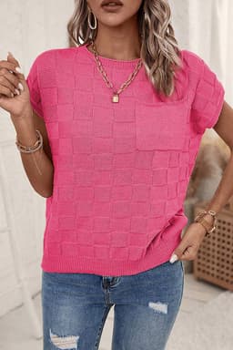 image-Pink Lattice Textured Knit Short Sleeve Sweater - Sizes S-3XL
